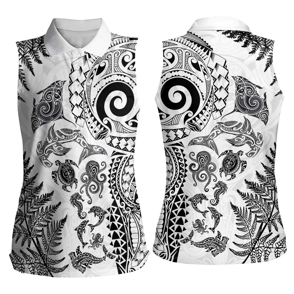 New Zealand Sea Animals Women Sleeveless Polo Shirt with Maori Koru Tribal Tattoo and Silver Ferns White Color LT03 - Polynesian Pride