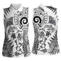 New Zealand Sea Animals Women Sleeveless Polo Shirt with Maori Koru Tribal Tattoo and Silver Ferns White Color LT03 - Polynesian Pride