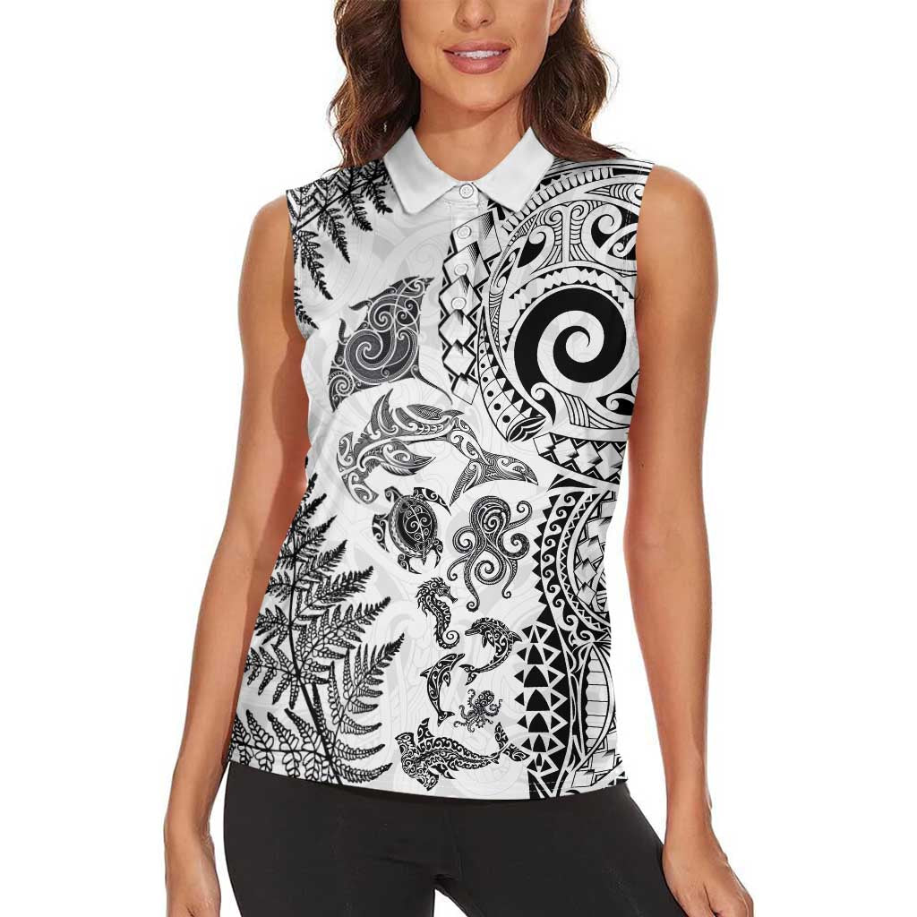 New Zealand Sea Animals Women Sleeveless Polo Shirt with Maori Koru Tribal Tattoo and Silver Ferns White Color LT03 - Polynesian Pride