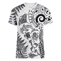 New Zealand Sea Animals Women V-Neck T-Shirt with Maori Koru Tribal Tattoo and Silver Ferns White Color LT03 Female White - Polynesian Pride