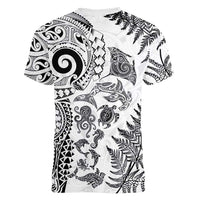 New Zealand Sea Animals Women V-Neck T-Shirt with Maori Koru Tribal Tattoo and Silver Ferns White Color LT03 - Polynesian Pride