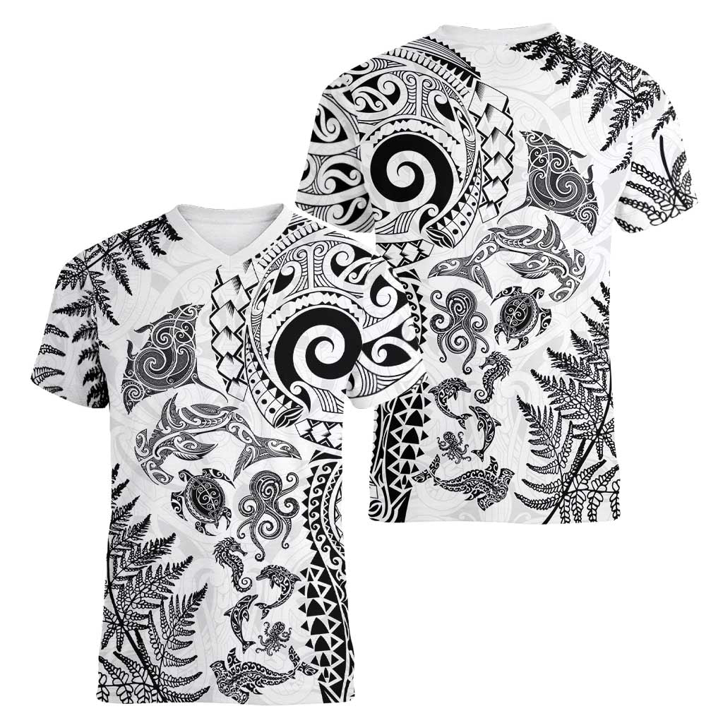 New Zealand Sea Animals Women V-Neck T-Shirt with Maori Koru Tribal Tattoo and Silver Ferns White Color LT03 - Polynesian Pride