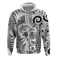 New Zealand Sea Animals Zip Hoodie with Maori Koru Tribal Tattoo and Silver Ferns White Color LT03 Zip Hoodie White - Polynesian Pride