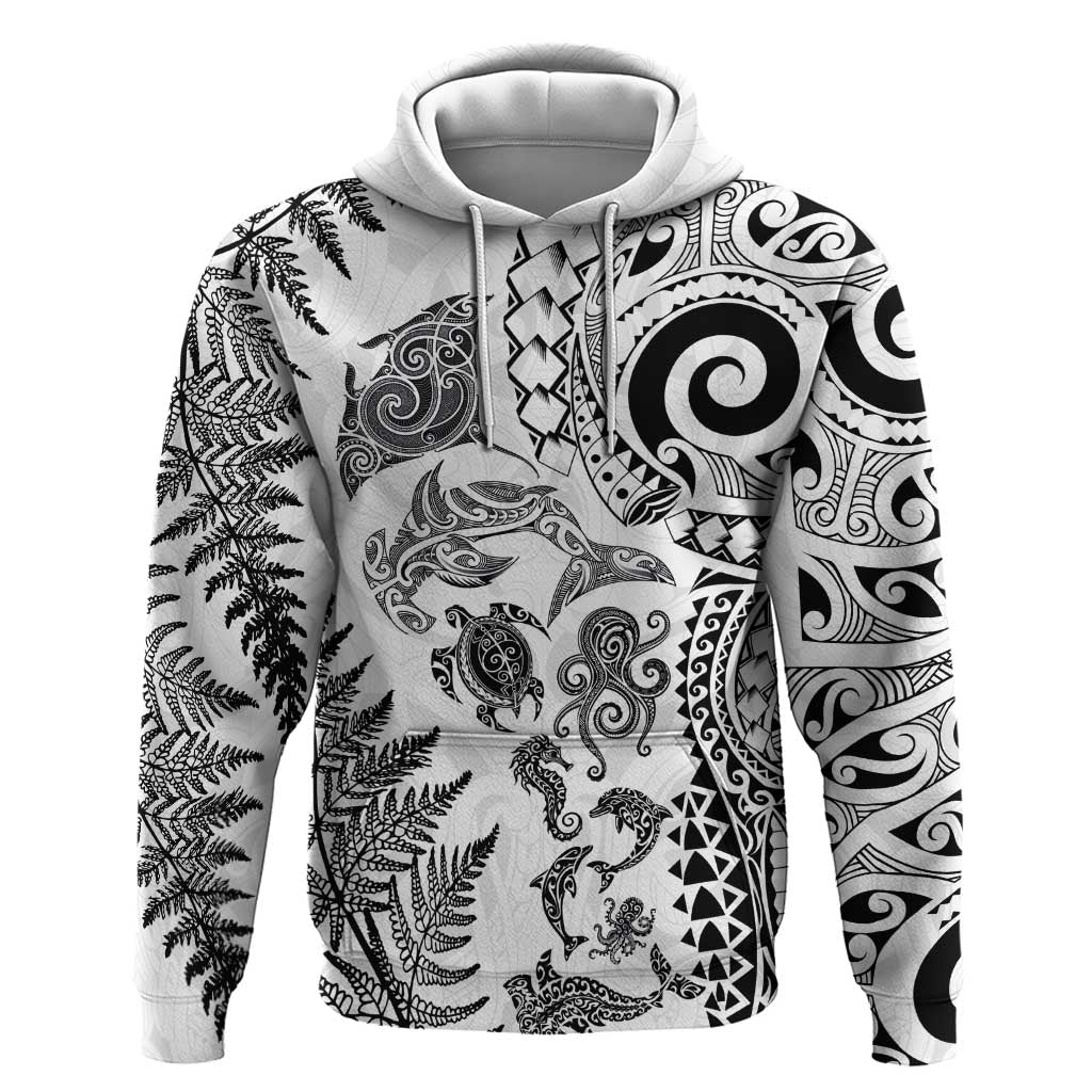 New Zealand Sea Animals Zip Hoodie with Maori Koru Tribal Tattoo and Silver Ferns White Color LT03 Pullover Hoodie White - Polynesian Pride