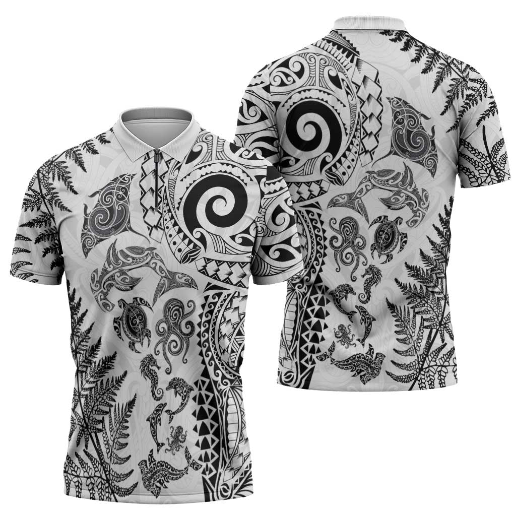 New Zealand Sea Animals Zipper Polo Shirt with Maori Koru Tribal Tattoo and Silver Ferns White Color LT03 - Polynesian Pride