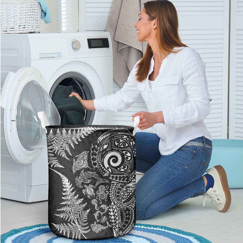 New Zealand Sea Animals Laundry Basket with Maori Koru Tribal Tattoo and Silver Ferns Black Color LT03 - Polynesian Pride