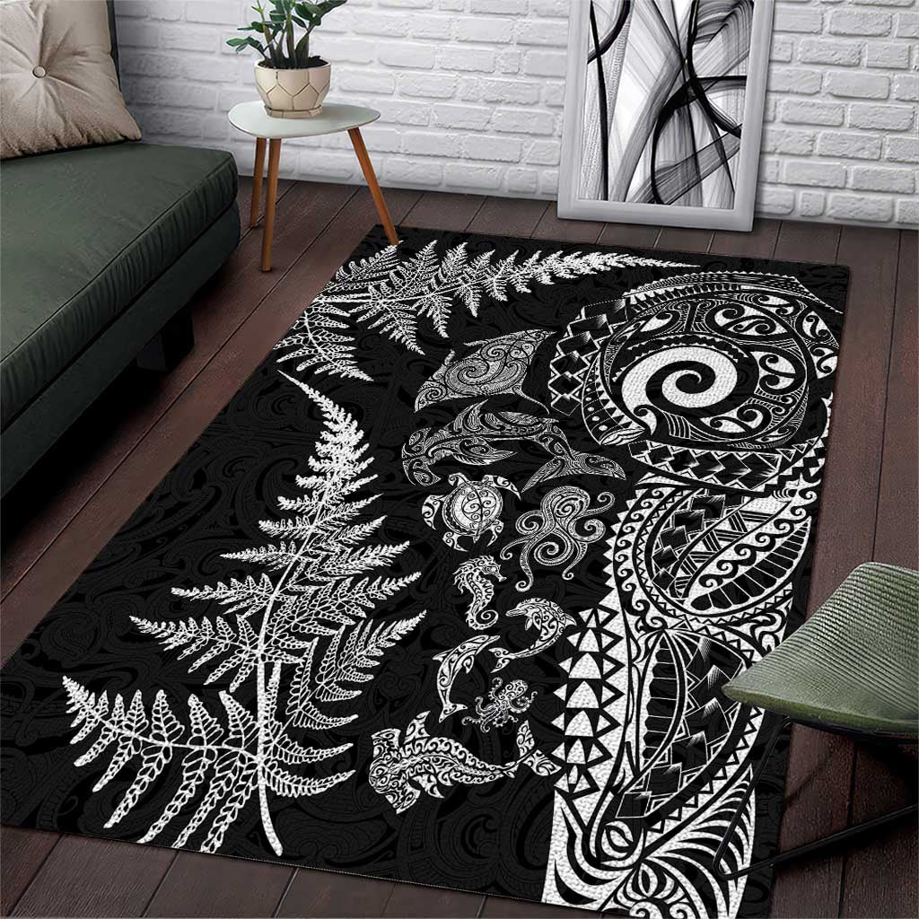 New Zealand Sea Animals Area Rug with Maori Koru Tribal Tattoo and Silver Ferns Black Color LT03 Black - Polynesian Pride