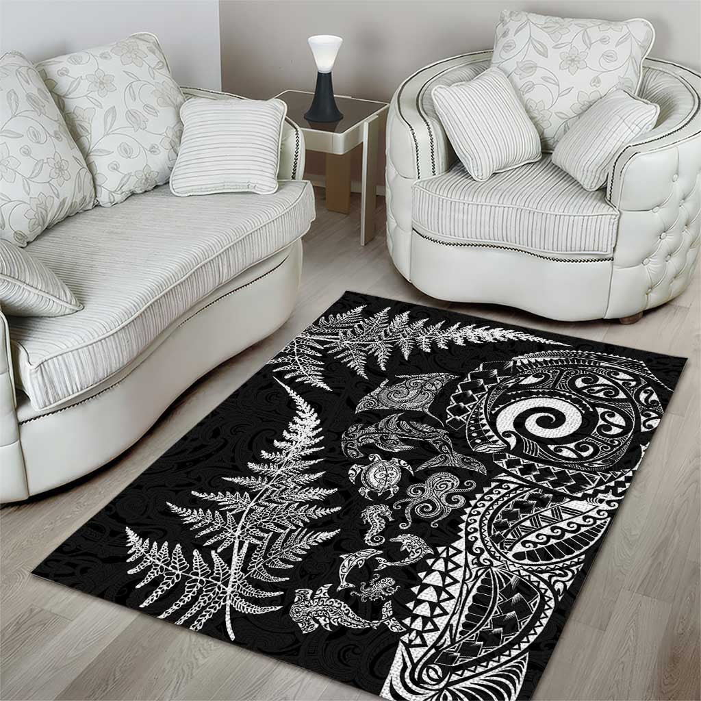 New Zealand Sea Animals Area Rug with Maori Koru Tribal Tattoo and Silver Ferns Black Color LT03 - Polynesian Pride