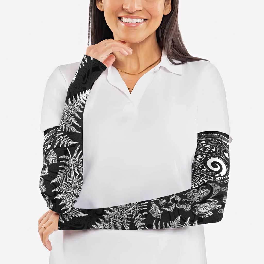 New Zealand Sea Animals Arm Sleeves with Maori Koru Tribal Tattoo and Silver Ferns Black Color LT03 - Polynesian Pride
