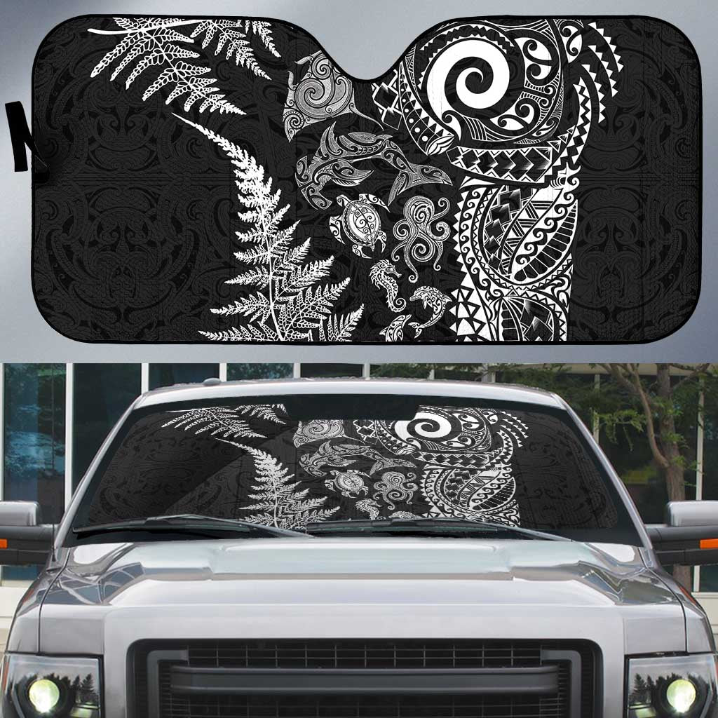 New Zealand Sea Animals Auto Sun Shade with Maori Koru Tribal Tattoo and Silver Ferns Black Color LT03 Black - Polynesian Pride