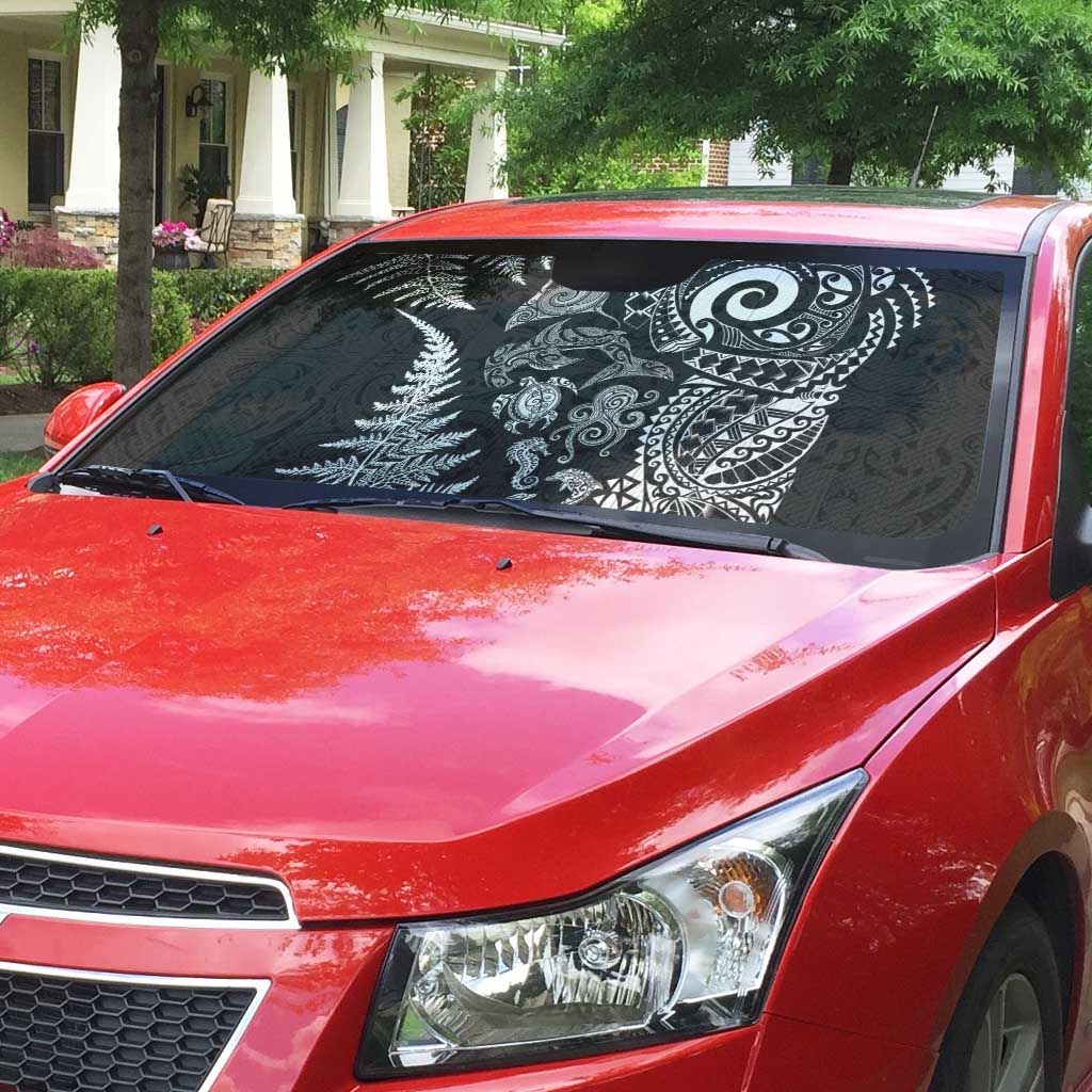 New Zealand Sea Animals Auto Sun Shade with Maori Koru Tribal Tattoo and Silver Ferns Black Color LT03 - Polynesian Pride