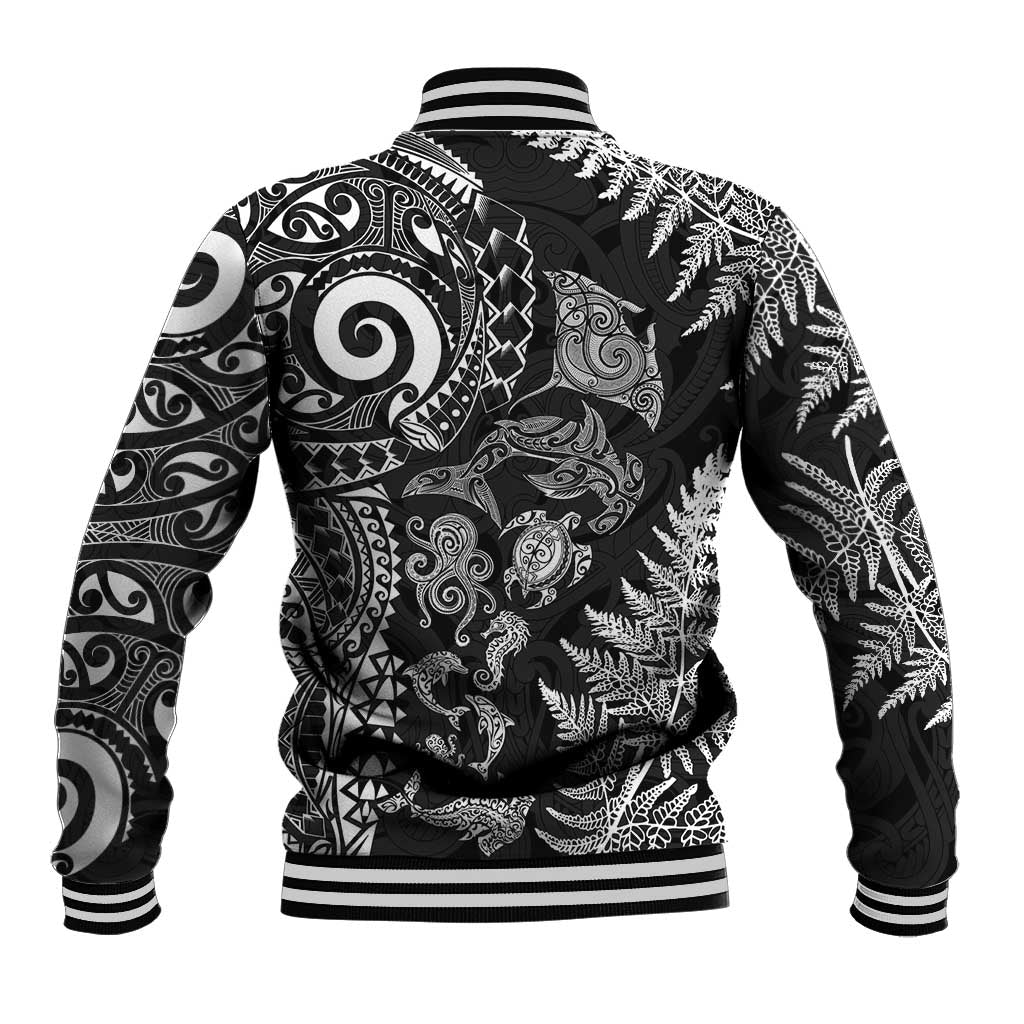 New Zealand Sea Animals Baseball Jacket with Maori Koru Tribal Tattoo and Silver Ferns Black Color LT03 - Polynesian Pride