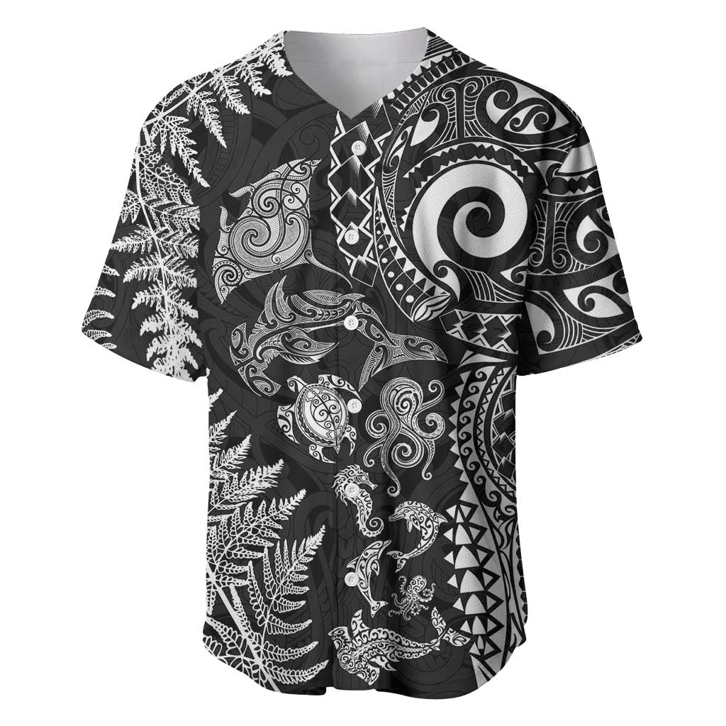New Zealand Sea Animals Baseball Jersey with Maori Koru Tribal Tattoo and Silver Ferns Black Color LT03 Black - Polynesian Pride