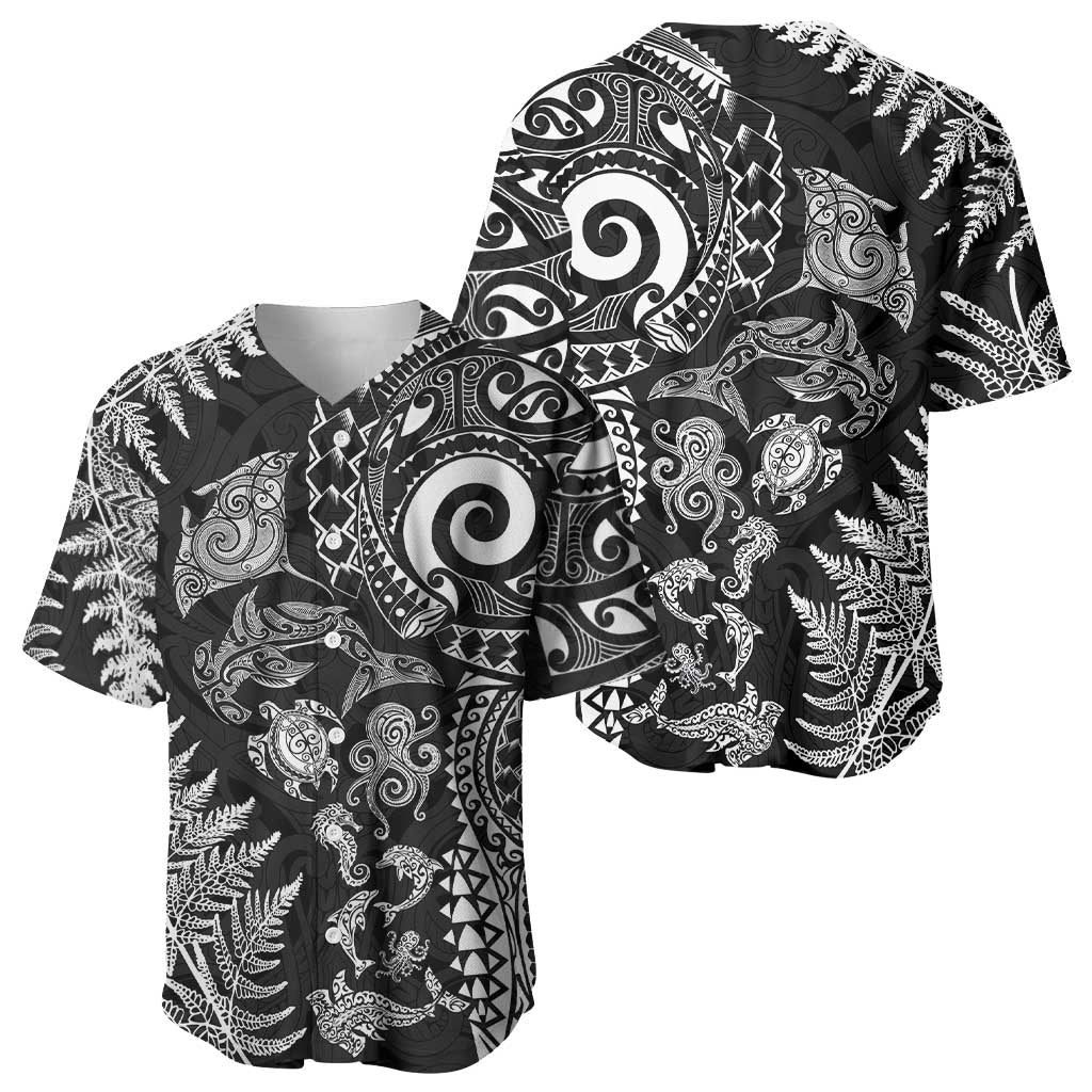New Zealand Sea Animals Baseball Jersey with Maori Koru Tribal Tattoo and Silver Ferns Black Color LT03 - Polynesian Pride