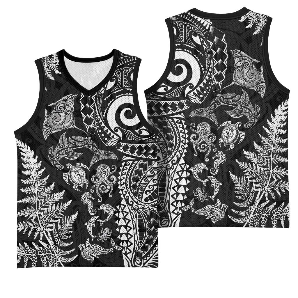 New Zealand Sea Animals Basketball Jersey with Maori Koru Tribal Tattoo and Silver Ferns Black Color LT03 - Polynesian Pride