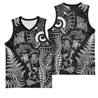 New Zealand Sea Animals Basketball Jersey with Maori Koru Tribal Tattoo and Silver Ferns Black Color LT03 - Polynesian Pride