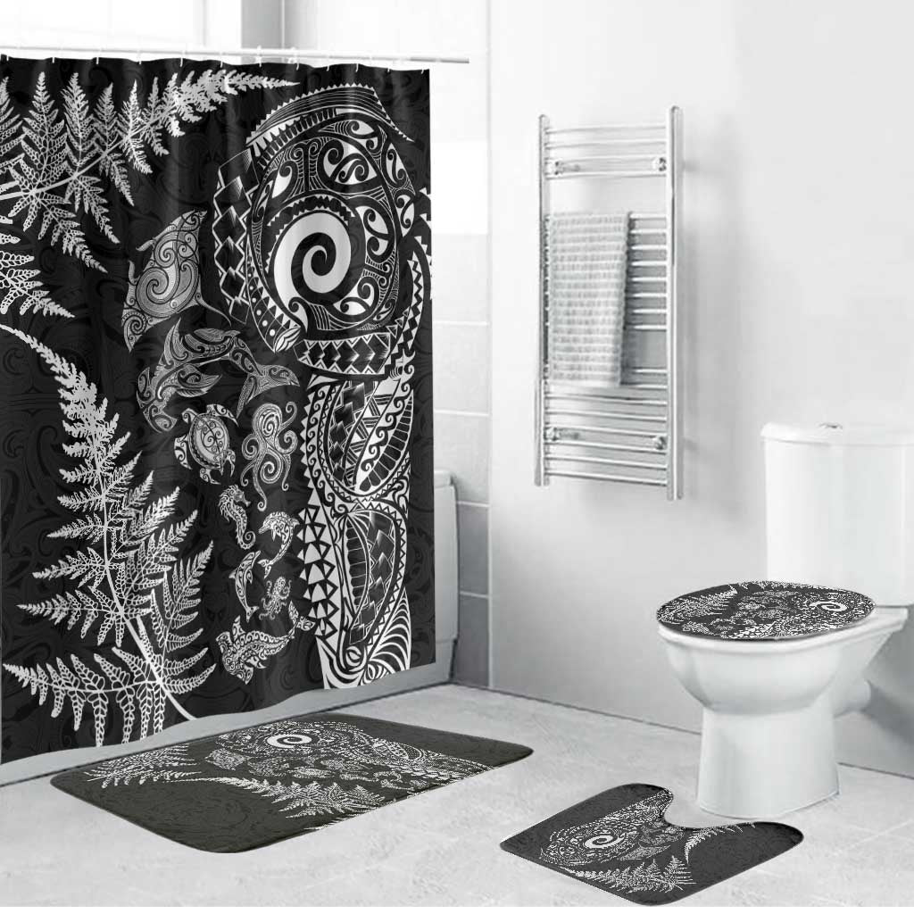 New Zealand Sea Animals Bathroom Set with Maori Koru Tribal Tattoo and Silver Ferns Black Color LT03 Bathroom Set (4 pcs) Black - Polynesian Pride