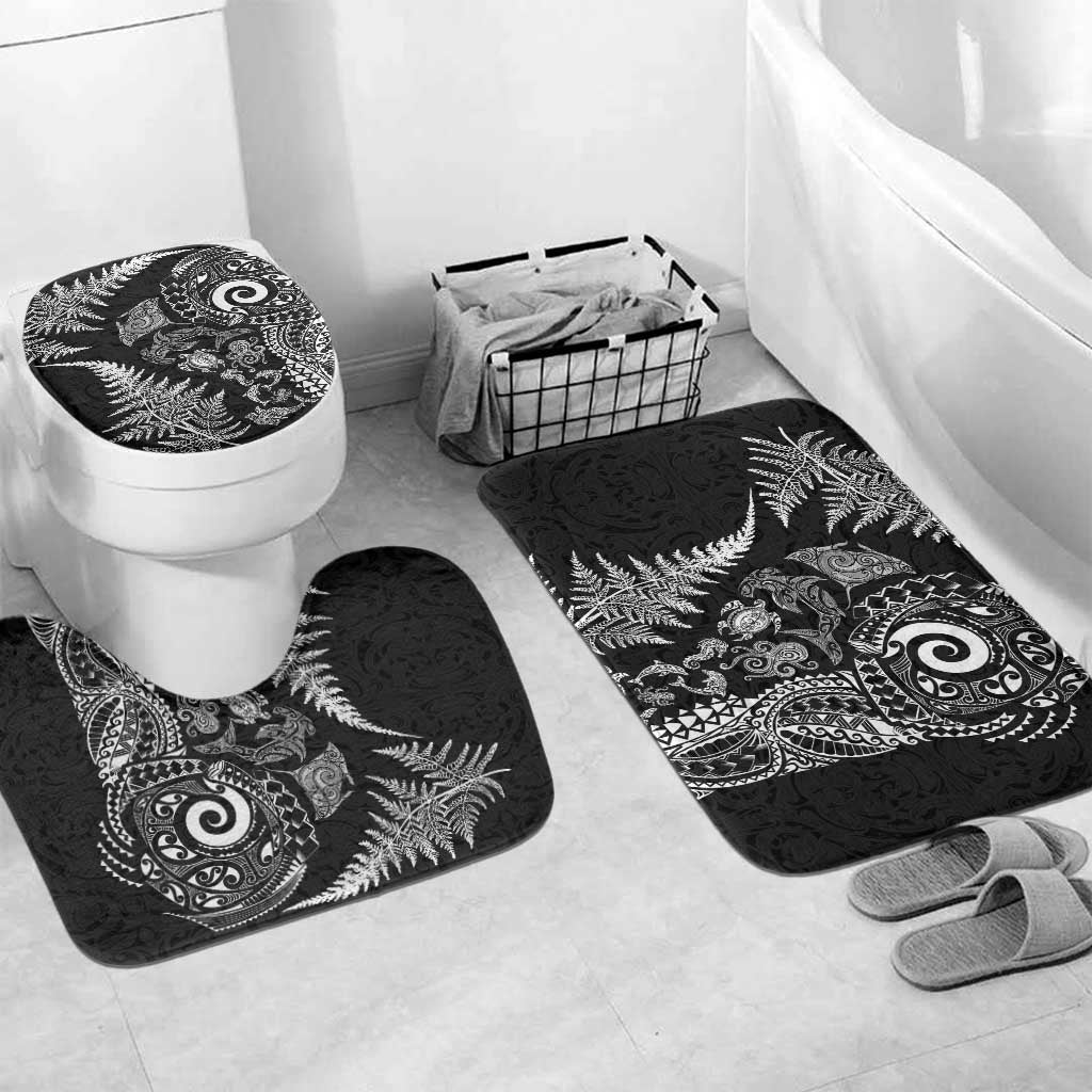 New Zealand Sea Animals Bathroom Set with Maori Koru Tribal Tattoo and Silver Ferns Black Color LT03 Mat Set Only (3 pcs) One Size Black - Polynesian Pride