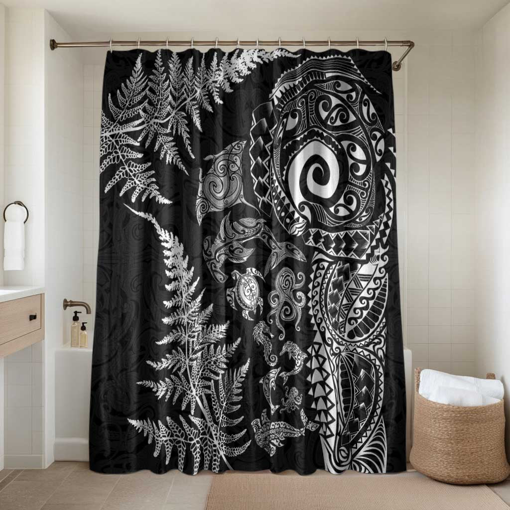 New Zealand Sea Animals Bathroom Set with Maori Koru Tribal Tattoo and Silver Ferns Black Color LT03 Shower Curtain Only Black - Polynesian Pride