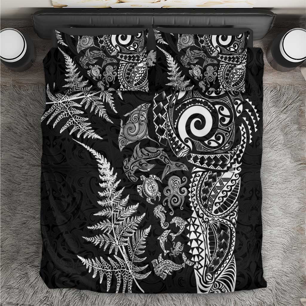 New Zealand Sea Animals Bedding Set with Maori Koru Tribal Tattoo and Silver Ferns Black Color LT03 Black - Polynesian Pride