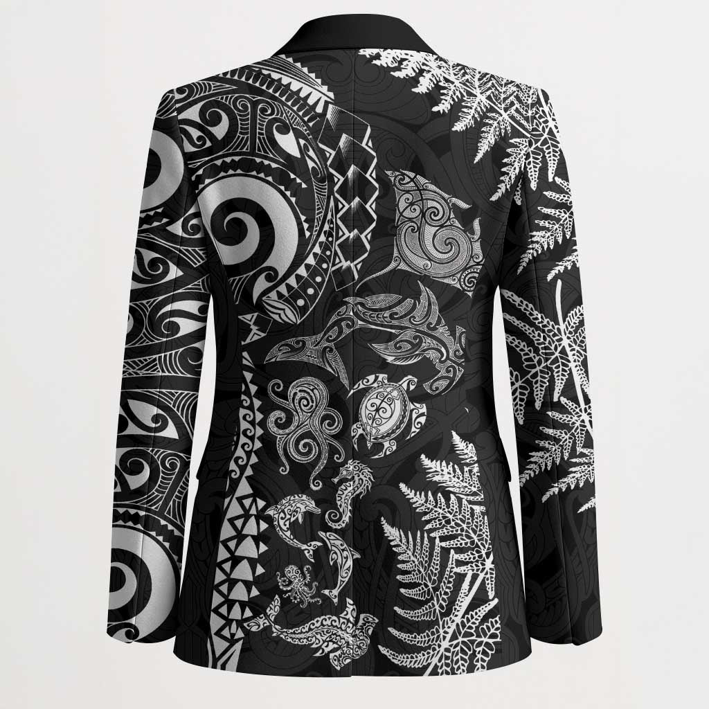 New Zealand Sea Animals Blazer with Maori Koru Tribal Tattoo and Silver Ferns Black Color LT03 - Polynesian Pride