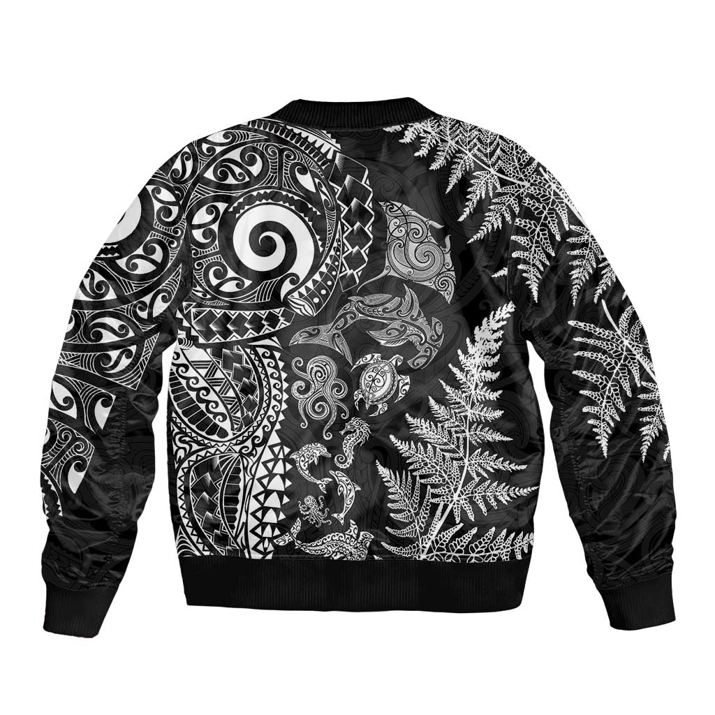 New Zealand Sea Animals Bomber Jacket with Maori Koru Tribal Tattoo and Silver Ferns Black Color LT03 - Polynesian Pride