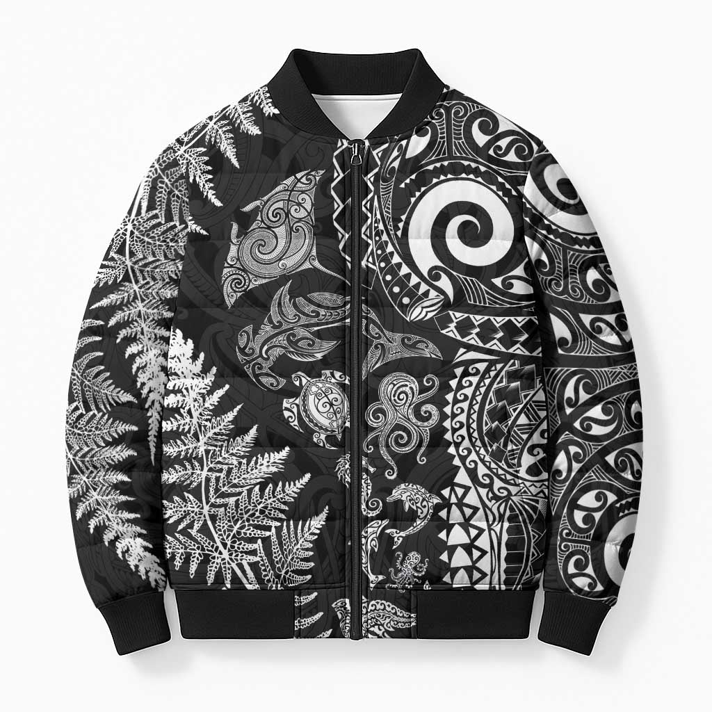 New Zealand Sea Animals Bomber Puffer Jacket with Maori Koru Tribal Tattoo and Silver Ferns Black Color LT03 Unisex Black - Polynesian Pride