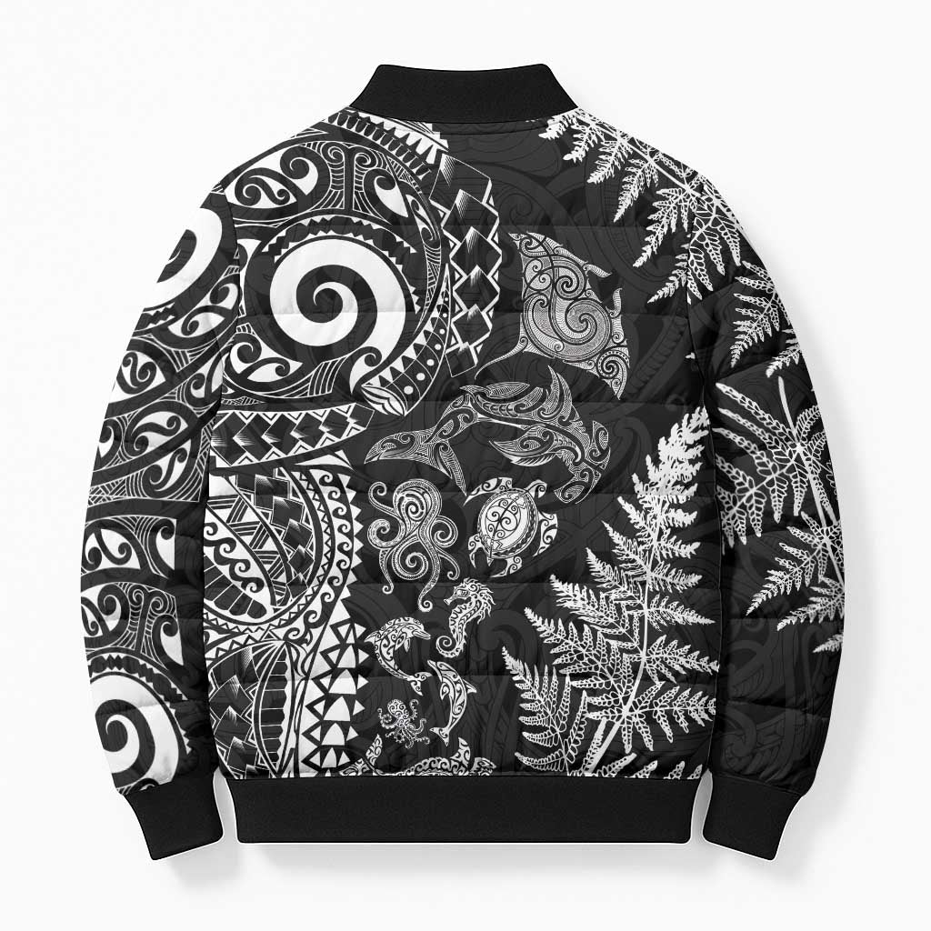 New Zealand Sea Animals Bomber Puffer Jacket with Maori Koru Tribal Tattoo and Silver Ferns Black Color LT03 - Polynesian Pride
