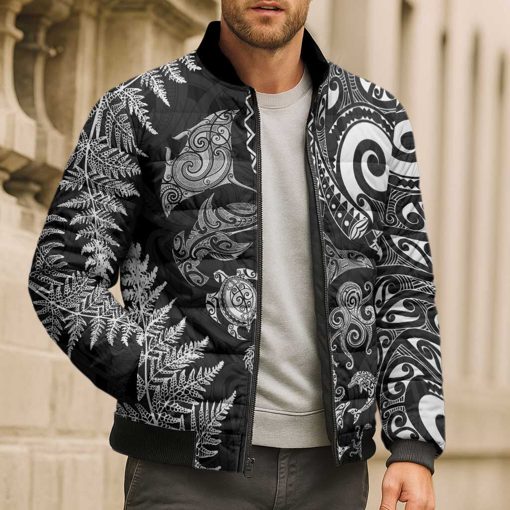 New Zealand Sea Animals Bomber Puffer Jacket with Maori Koru Tribal Tattoo and Silver Ferns Black Color LT03 - Polynesian Pride