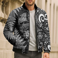 New Zealand Sea Animals Bomber Puffer Jacket with Maori Koru Tribal Tattoo and Silver Ferns Black Color LT03 - Polynesian Pride