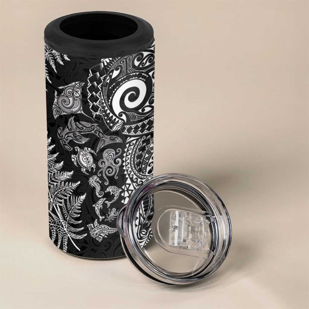 New Zealand Sea Animals 4 in 1 Can Cooler Tumbler with Maori Koru Tribal Tattoo and Silver Ferns Black Color LT03 - Polynesian Pride