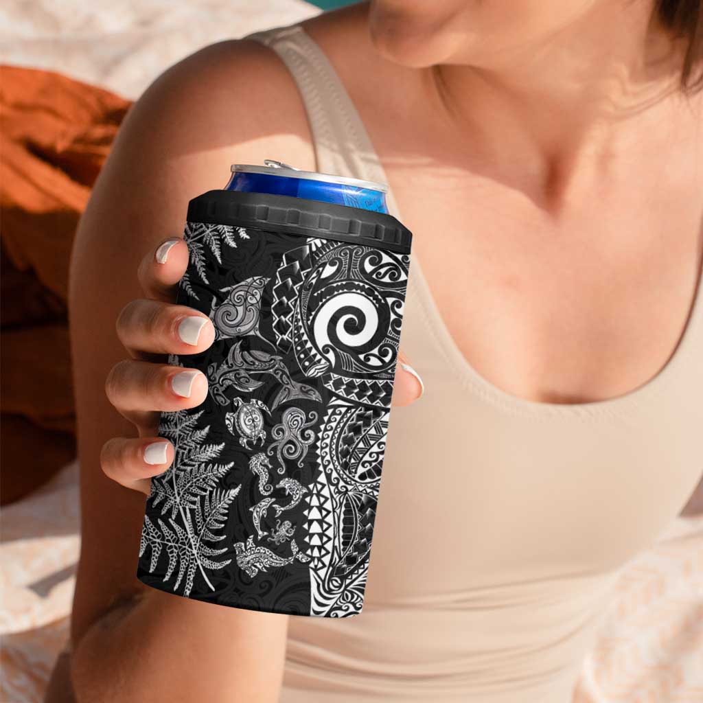 New Zealand Sea Animals 4 in 1 Can Cooler Tumbler with Maori Koru Tribal Tattoo and Silver Ferns Black Color LT03 - Polynesian Pride