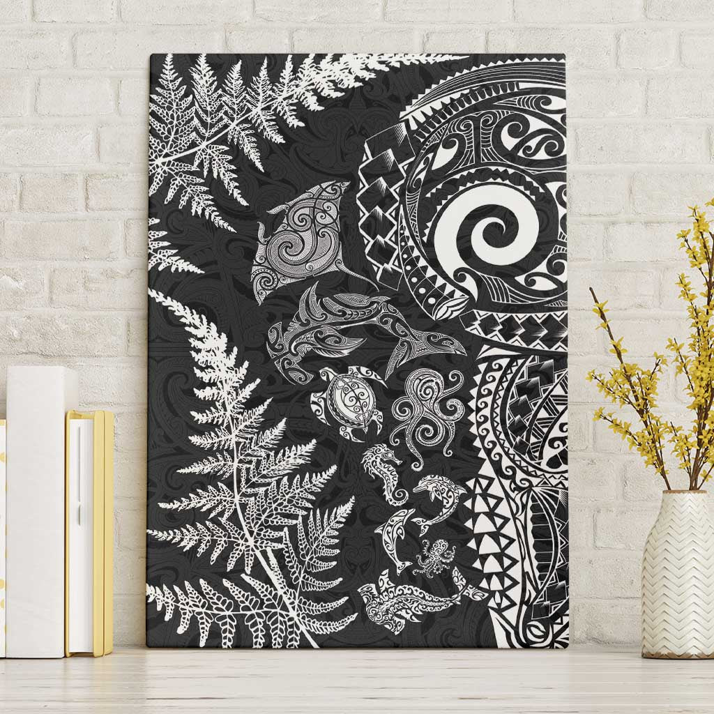 New Zealand Sea Animals Canvas Wall Art with Maori Koru Tribal Tattoo and Silver Ferns Black Color LT03 Without Frame Black - Polynesian Pride