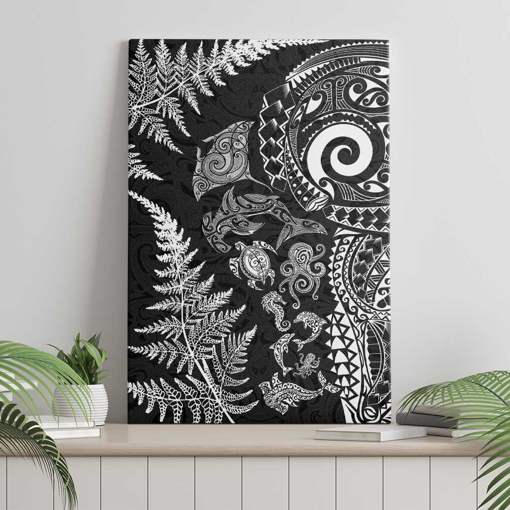 New Zealand Sea Animals Canvas Wall Art with Maori Koru Tribal Tattoo and Silver Ferns Black Color LT03 - Polynesian Pride