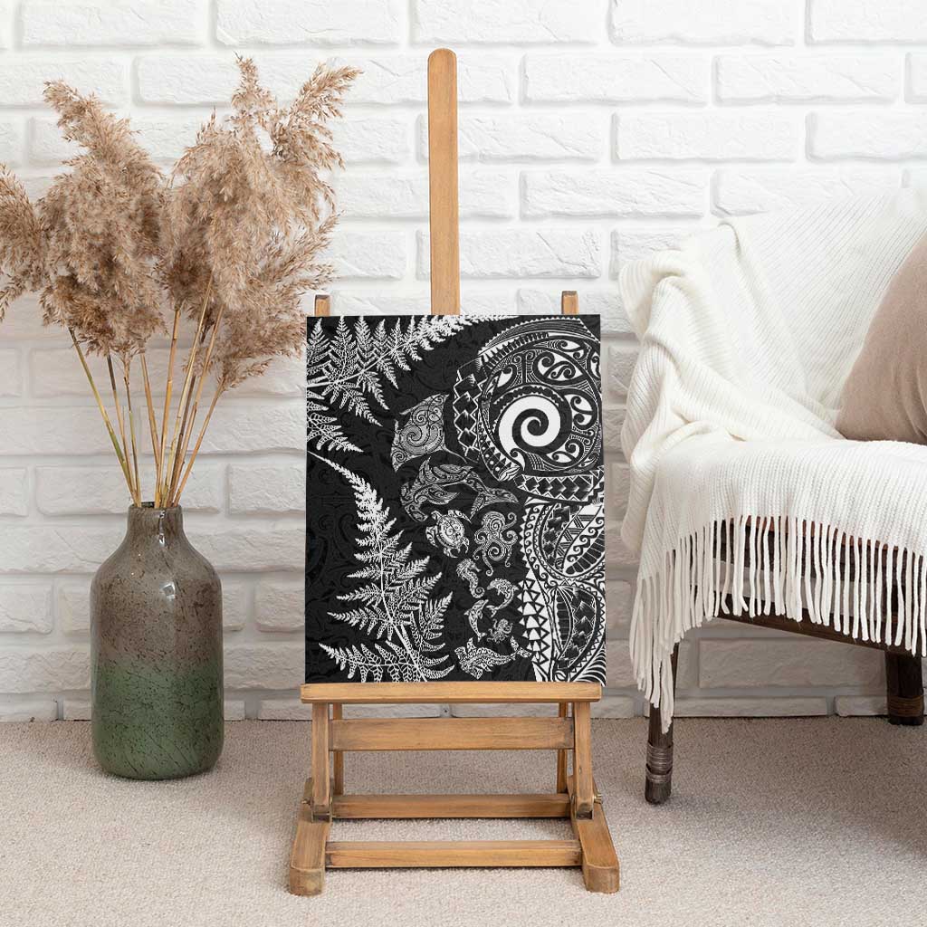 New Zealand Sea Animals Canvas Wall Art with Maori Koru Tribal Tattoo and Silver Ferns Black Color LT03 - Polynesian Pride