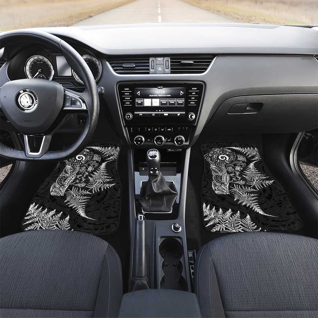 New Zealand Sea Animals Car Mats with Maori Koru Tribal Tattoo and Silver Ferns Black Color LT03 Set 2pcs - Front Black - Polynesian Pride