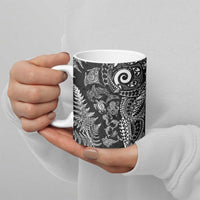 New Zealand Sea Animals Ceramic Mug with Maori Koru Tribal Tattoo and Silver Ferns Black Color
