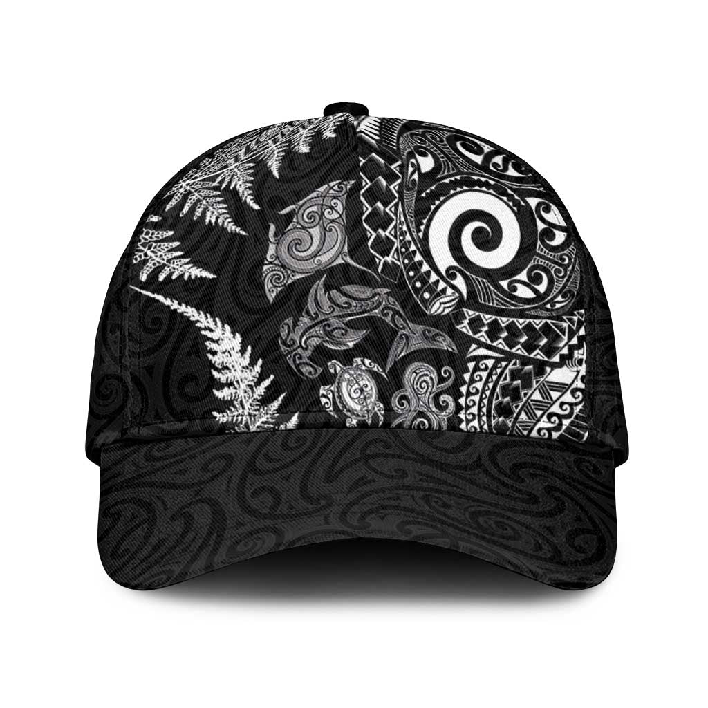 New Zealand Sea Animals Classic Cap with Maori Koru Tribal Tattoo and Silver Ferns Black Color