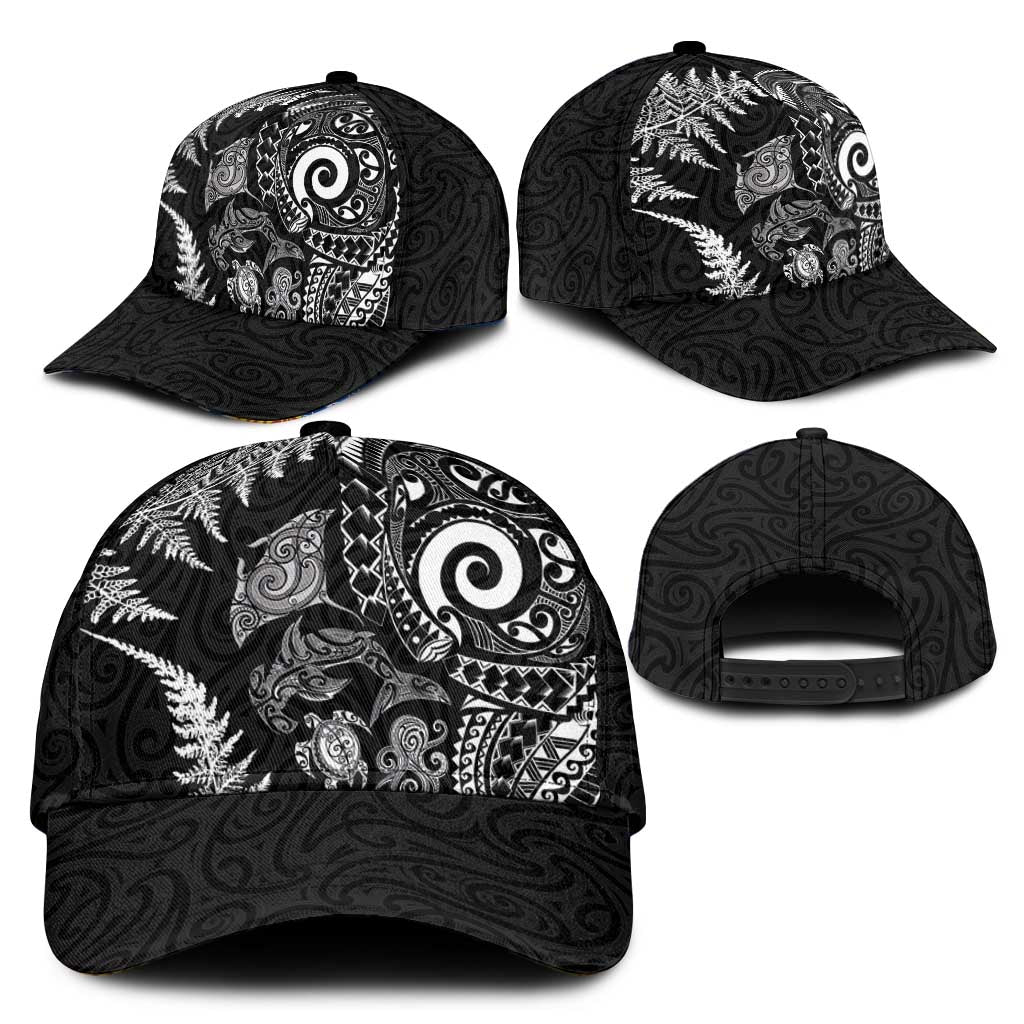 New Zealand Sea Animals Classic Cap with Maori Koru Tribal Tattoo and Silver Ferns Black Color LT03 - Polynesian Pride