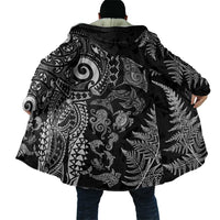 New Zealand Sea Animals Cloak with Maori Koru Tribal Tattoo and Silver Ferns Black Color LT03 - Polynesian Pride