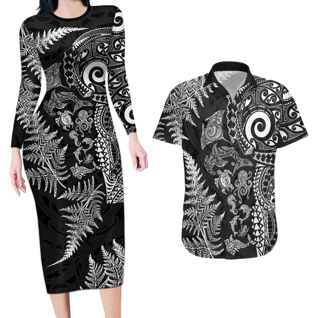 New Zealand Sea Animals Couples Matching Long Sleeve Bodycon Dress and Hawaiian Shirt with Maori Koru Tribal Tattoo and Silver Ferns Black Color