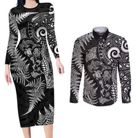 New Zealand Sea Animals Couples Matching Long Sleeve Bodycon Dress and Long Sleeve Button Shirt with Maori Koru Tribal Tattoo and Silver Ferns Black Color LT03 Black - Polynesian Pride