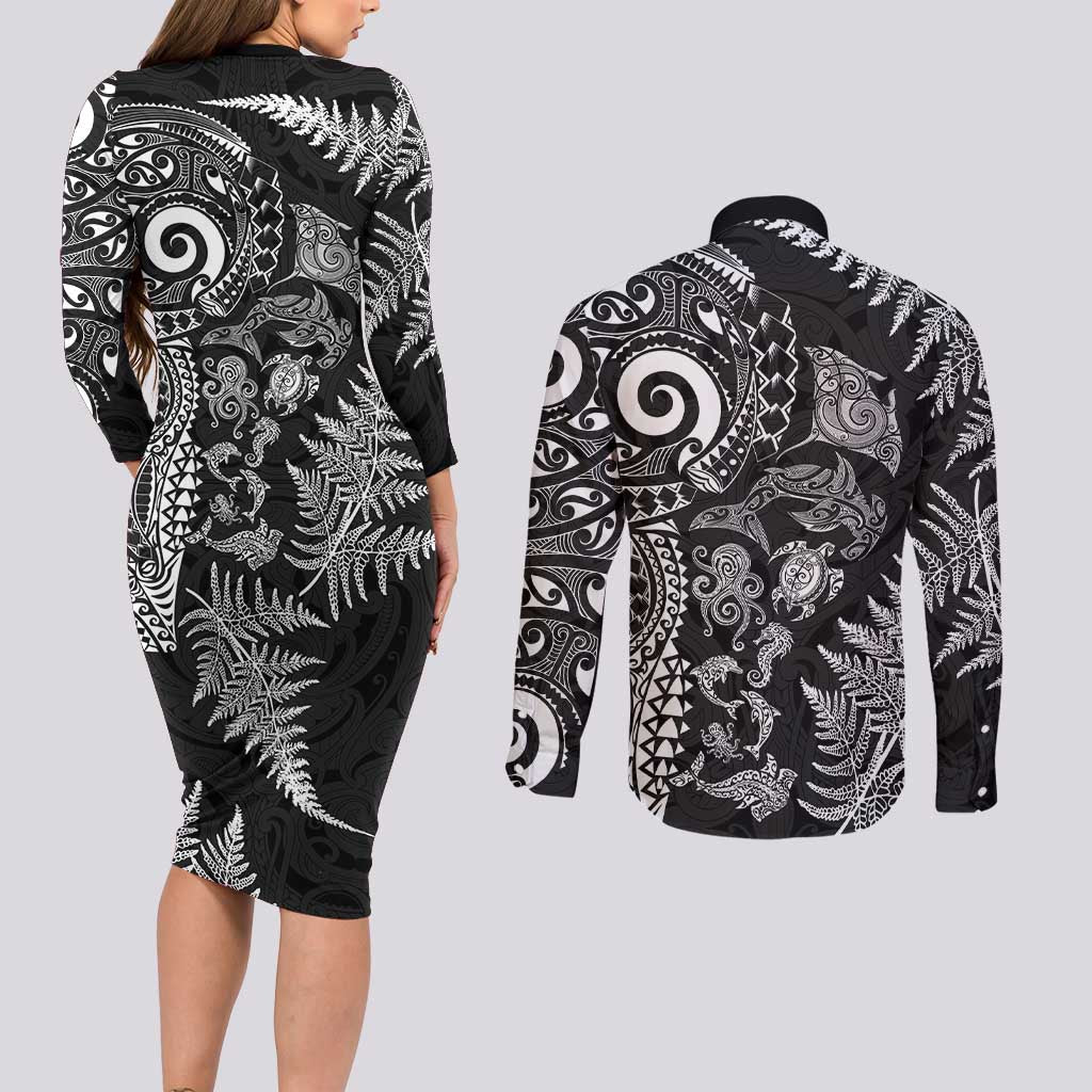 New Zealand Sea Animals Couples Matching Long Sleeve Bodycon Dress and Long Sleeve Button Shirt with Maori Koru Tribal Tattoo and Silver Ferns Black Color LT03 - Polynesian Pride
