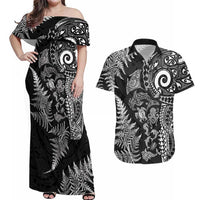 New Zealand Sea Animals Couples Matching Off Shoulder Maxi Dress and Hawaiian Shirt with Maori Koru Tribal Tattoo and Silver Ferns Black Color LT03 Black - Polynesian Pride