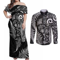 New Zealand Sea Animals Couples Matching Off Shoulder Maxi Dress and Long Sleeve Button Shirt with Maori Koru Tribal Tattoo and Silver Ferns Black Color LT03 Black - Polynesian Pride
