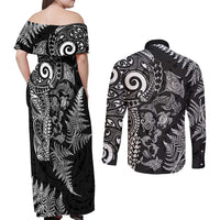 New Zealand Sea Animals Couples Matching Off Shoulder Maxi Dress and Long Sleeve Button Shirt with Maori Koru Tribal Tattoo and Silver Ferns Black Color LT03 - Polynesian Pride