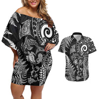New Zealand Sea Animals Couples Matching Off Shoulder Short Dress and Hawaiian Shirt with Maori Koru Tribal Tattoo and Silver Ferns Black Color LT03 Black - Polynesian Pride