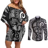 New Zealand Sea Animals Couples Matching Off Shoulder Short Dress and Long Sleeve Button Shirt with Maori Koru Tribal Tattoo and Silver Ferns Black Color LT03 Black - Polynesian Pride