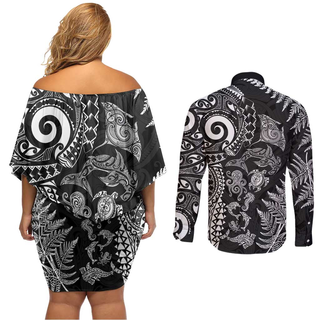 New Zealand Sea Animals Couples Matching Off Shoulder Short Dress and Long Sleeve Button Shirt with Maori Koru Tribal Tattoo and Silver Ferns Black Color LT03 - Polynesian Pride