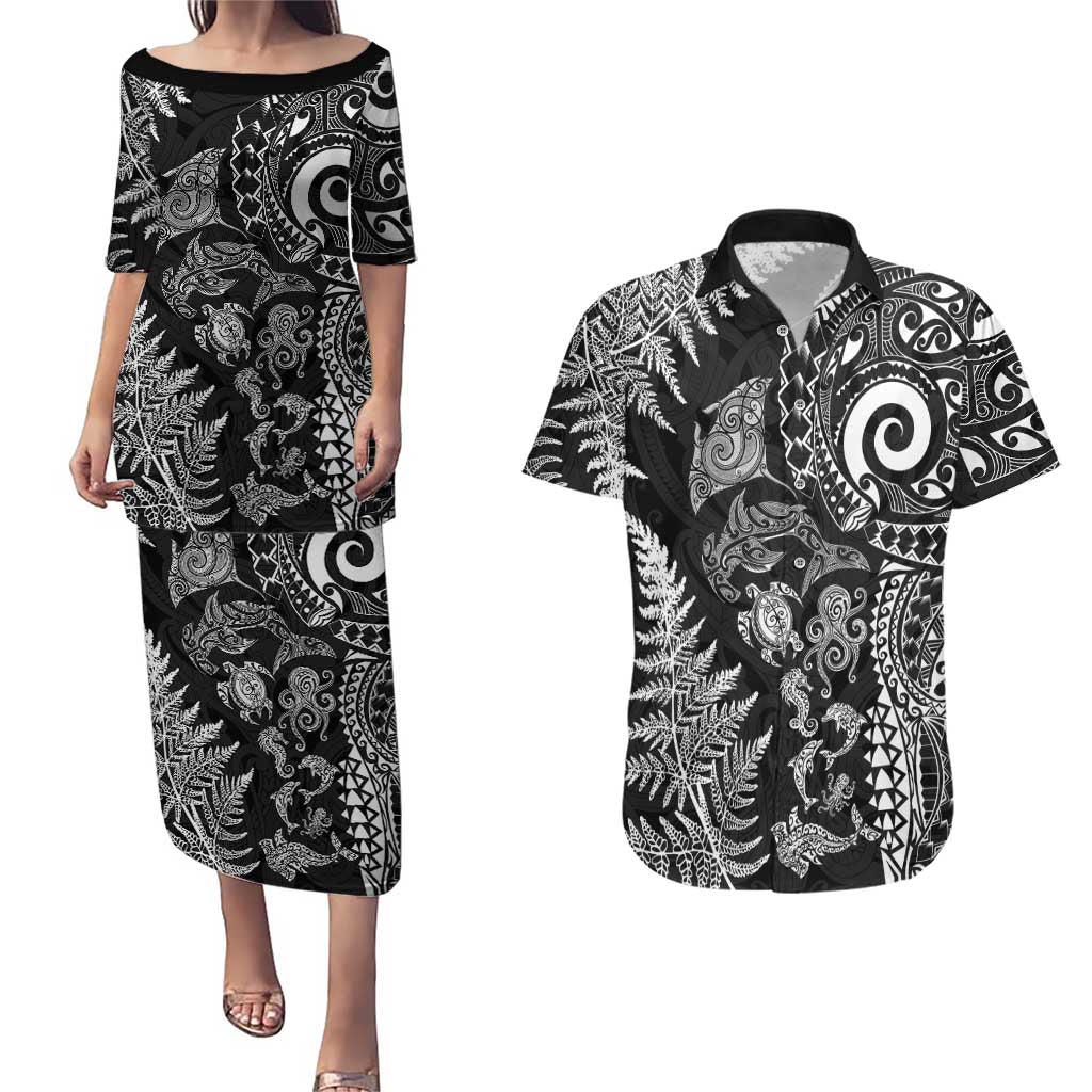 New Zealand Sea Animals Couples Matching Puletasi and Hawaiian Shirt with Maori Koru Tribal Tattoo and Silver Ferns Black Color LT03 Black - Polynesian Pride